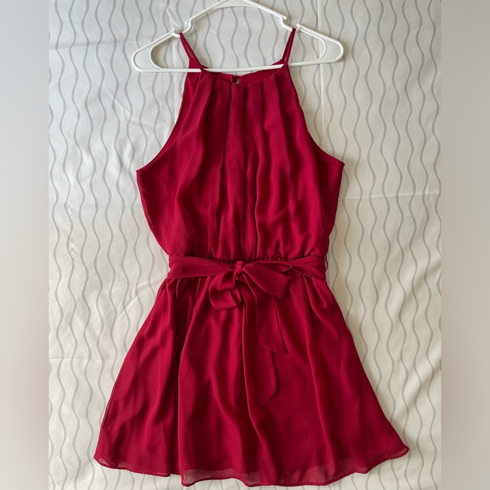 I.N.San Francisco Red Dress Spaghetti Strap Button Back Belted Elastic Waist,